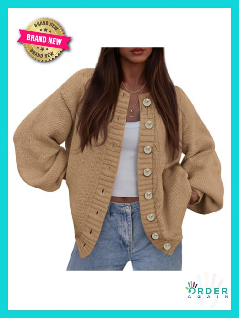 Women's Chunky Ribbed Knit Cardigan Sweater Button Up Lantern Sleeve